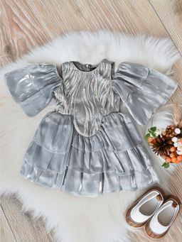 Bella Moda - Girls Solid Fit & Flair Party Wear Grey Dress