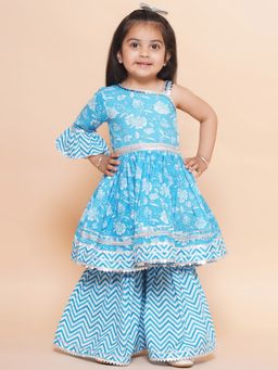 Titrit - One Side Shoulder Cotton Printed Kurta & Sharara - Blue (Set of 2)