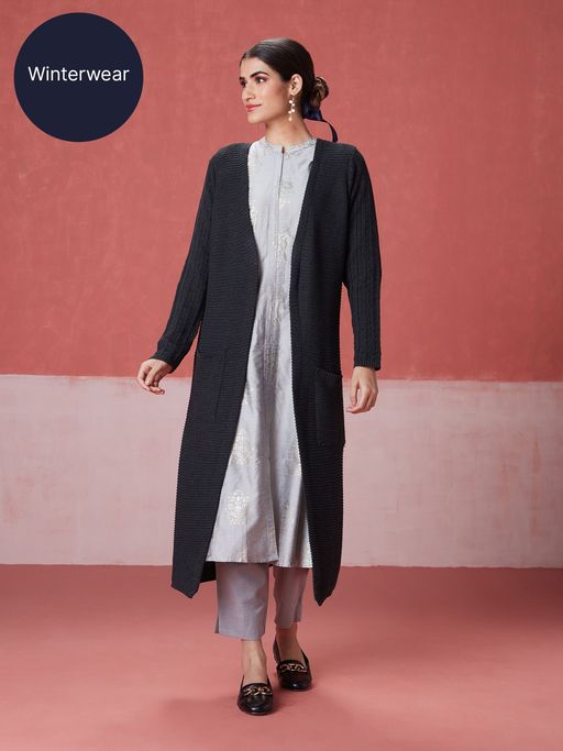 Likha Charcoal Black Woollen Acrylic Winter Long Shrug LIKWW02