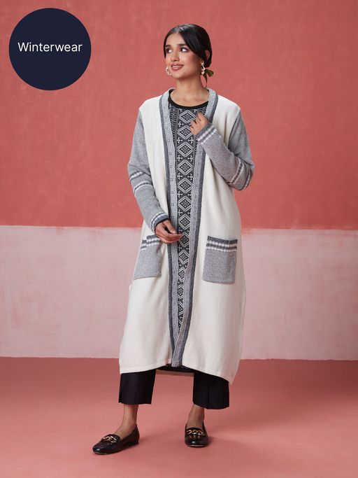 Likha White Woollen Acrylic Winter Long Shrug LIKWW01