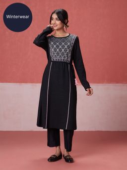 Likha - Black Woollen Acrylic Jacquard Winter Kurta LIKWW10