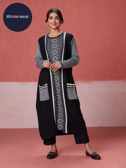 Likha Black Woollen Acrylic Winter Long Shrug LIKWW14