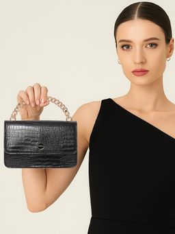 ESBEDA - Women Black Color Croc-Textured Chain Sling Bag