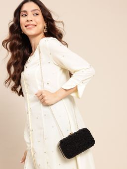 Fabbhue - Womens Black Beaded Embellished Box Clutch with Gold Chain