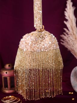 SWISNI - Beige Sequence tassle Potli Bag