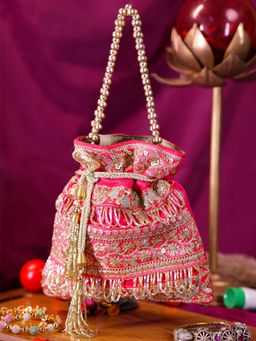 SWISNI - Pink Mirror Lace Potli Bag