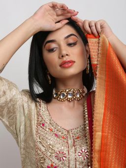 Ruby Raang Studio - Gold-Toned White Kundan-Studded Pearl Beaded Handcrafted Meenakari Jewellery Set