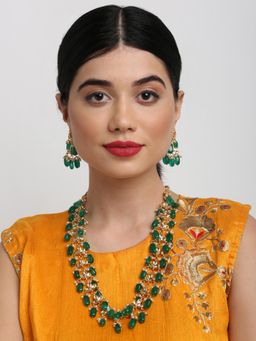 Ruby Raang Studio - Gold-Toned Green Faux Kundan-Studded Pearl Beaded Meenakari Jewellery Set