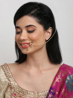 Ruby Raang Studio - Gold-Toned Green Kundan-Studded Beaded Handcrafted Chained Nosering