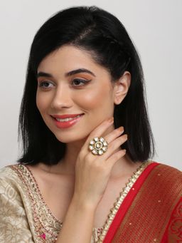 Ruby Raang Studio - Gold-Toned White Kundan-Studded Meenakari Handcrafted Adjustable Finger Ring