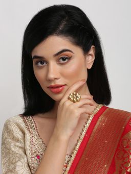 Ruby Raang Studio - Gold-Toned White Kundan-Studded Adjustable Finger Ring