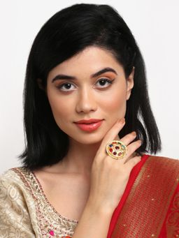 Ruby Raang Studio - Multi Faux Kundan-Studded Faux Pearl Handcrafted Adjustable Navratan Ring