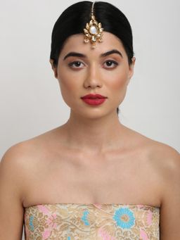 Ruby Raang Studio - White Faux Kundan-Studded Beaded Green Meenakari Handcrafted Maang Tikka