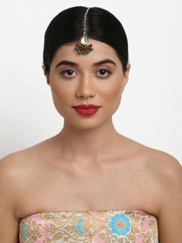 Ruby Raang Studio - Multi-Color Faux Kundan-Studded Faux Pearl Beaded Handcrafted Maang Tika