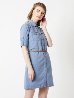 Miss Chase - Women's Blue Polo Neck Light weight Denim Buttoned A-Line Mini Dress