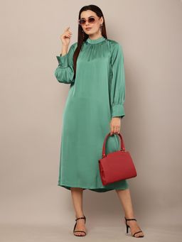 NOBARR - Womens Dark Turquoise Polyester Satin Balloon Sleeves Dress
