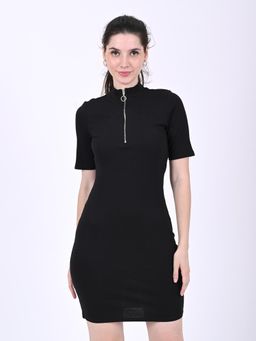 NOBARR - Womens Polyester Short Sleeves High Neck Zip Detail Ribbed Sheath Mini Black Dress