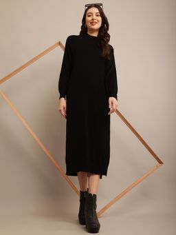 NOBARR - Womens Viscose Full Sleeve with High Neck Black Straight Dress