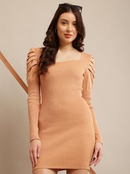 NOBARR - Womens Light Orange Full Acrylic Sleeves and Square Neck Bodycon Dress