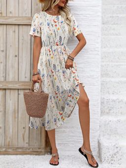 Outzidr - White Floral Printed Flowy Dress