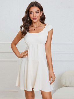 Outzidr - Cream Short Sleeve Back Tie-Up Dress