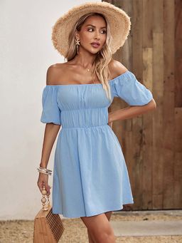 Outzidr - Blue Smocked Off Shoulder Dress