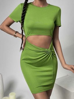 Outzidr - Green Short Sleeve Front Cut-Out Dress