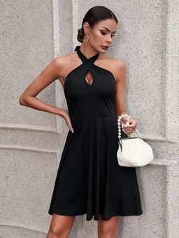 Outzidr - Black Halter Neck Back Tie-Up Dress