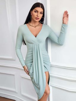 Outzidr - Green Full Sleeve front Wrap Dress