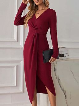 Outzidr - Wine Full Sleeve Front Twisted Dress