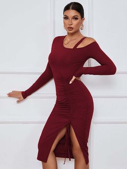Outzidr - Wine Full Sleeve Cold Shoulder Front Ruched Dress
