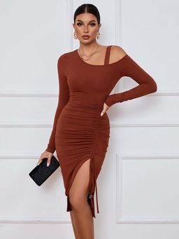 Outzidr - Brown Full Sleeve Cold Shoulder Front Ruched Dress