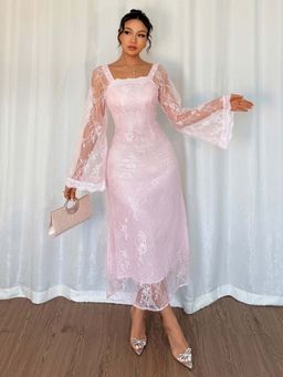 Outzidr - Pink Square Neck Lace Dress