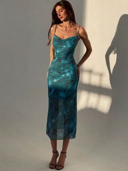Outzidr - Blue Spaghetti Strap Printed Dress
