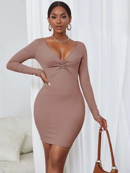 Outzidr - Nude Full Sleeve V-Neck Dress