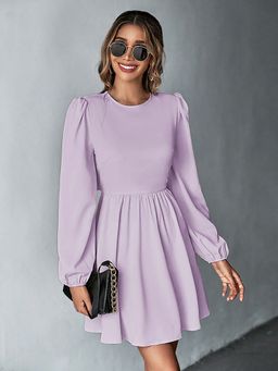 Outzidr - Purple Bishop Sleeve Back Tie-Up Dress