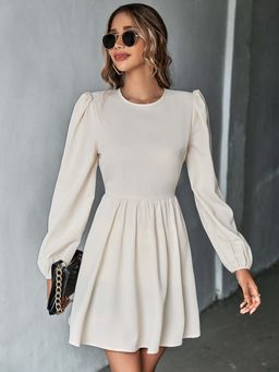 Outzidr - Cream Bishop Sleeve Back Tie-Up Dress