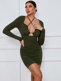 Outzidr - Green Full Sleeve Halter Neck Dress