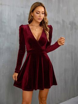 Outzidr - Wine Full Sleeve V-Neck Dress