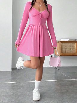 Outzidr - Pink Bustier Top Tie Up Skater Dress