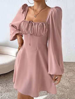 Outzidr - Pink Square Neck Centre Tie Up Dress
