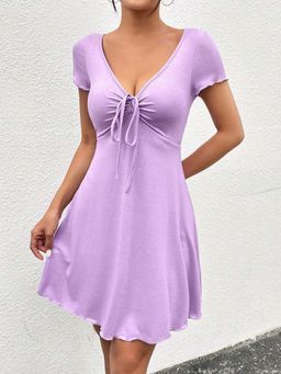 Outzidr - Purple V-Neck Front Ruched Dress
