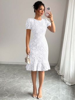 Outzidr - White Short Sleeve Ruffle Hem Dress