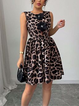 Outzidr - Brown Sleeveless Animal Printed Dress