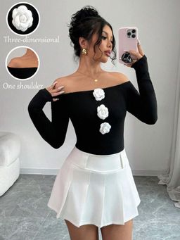 Outzidr - Black Full Sleeve Off Shoulder Dress