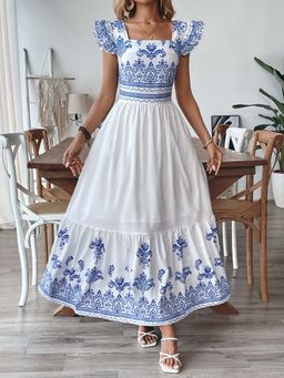 Outzidr - White Printed Flutter Sleeves Tiered Dress