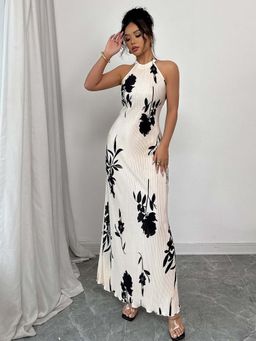 Outzidr - White Floral Printed Halter Neck Maxi Dress