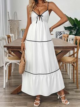 Outzidr - White Contrast Tipping Back Tie Up Maxi Dress