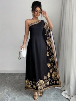 Outzidr - Black One Shoulder Printed Kaftan Dress