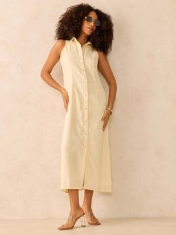 Outzidr - Beige Collar Neck Maxi Dress